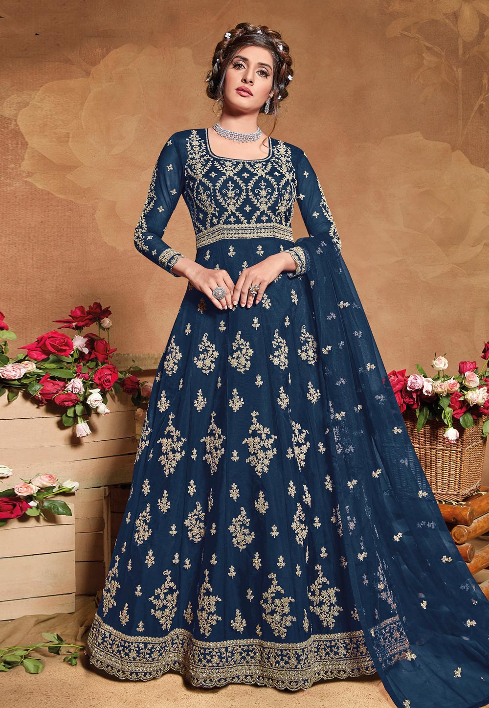 Blue Net Embroidered Long Anarkali Suit 226142