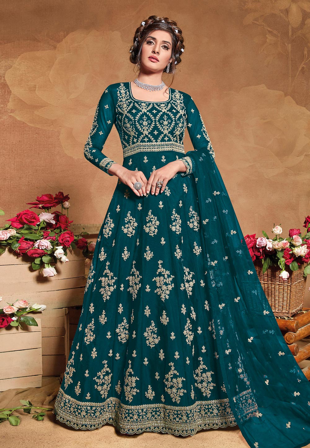 Teal Net Embroidered Abaya Style Anarkali Suit 226143