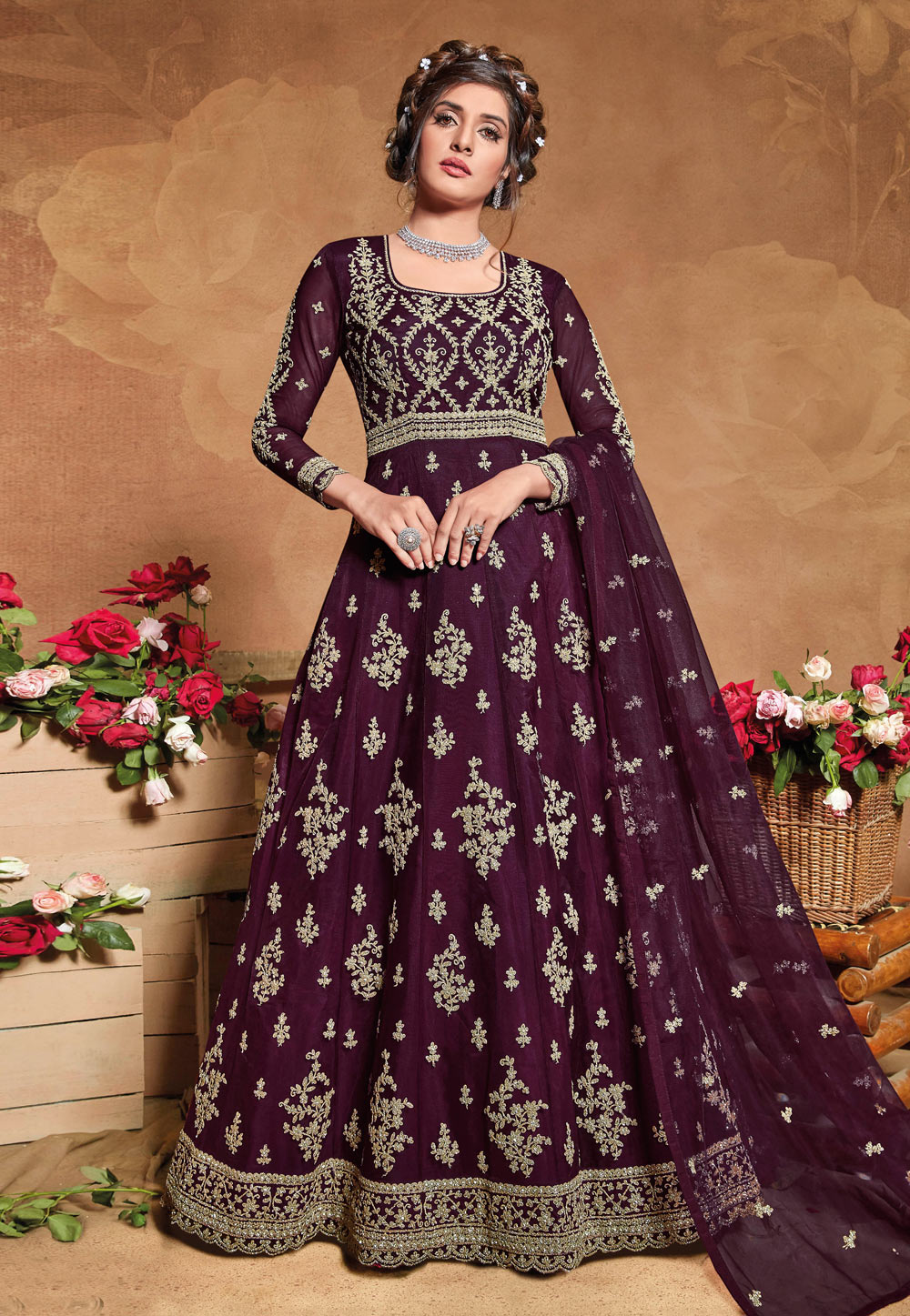 Purple Net Embroidered Long Anarkali Suit 221711
