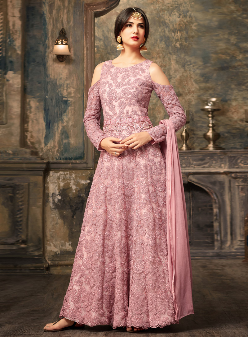 Sonal Chauhan Lavender Net Ankle Length Anarkali Suit With Cold Shoulder Sleeves 107991