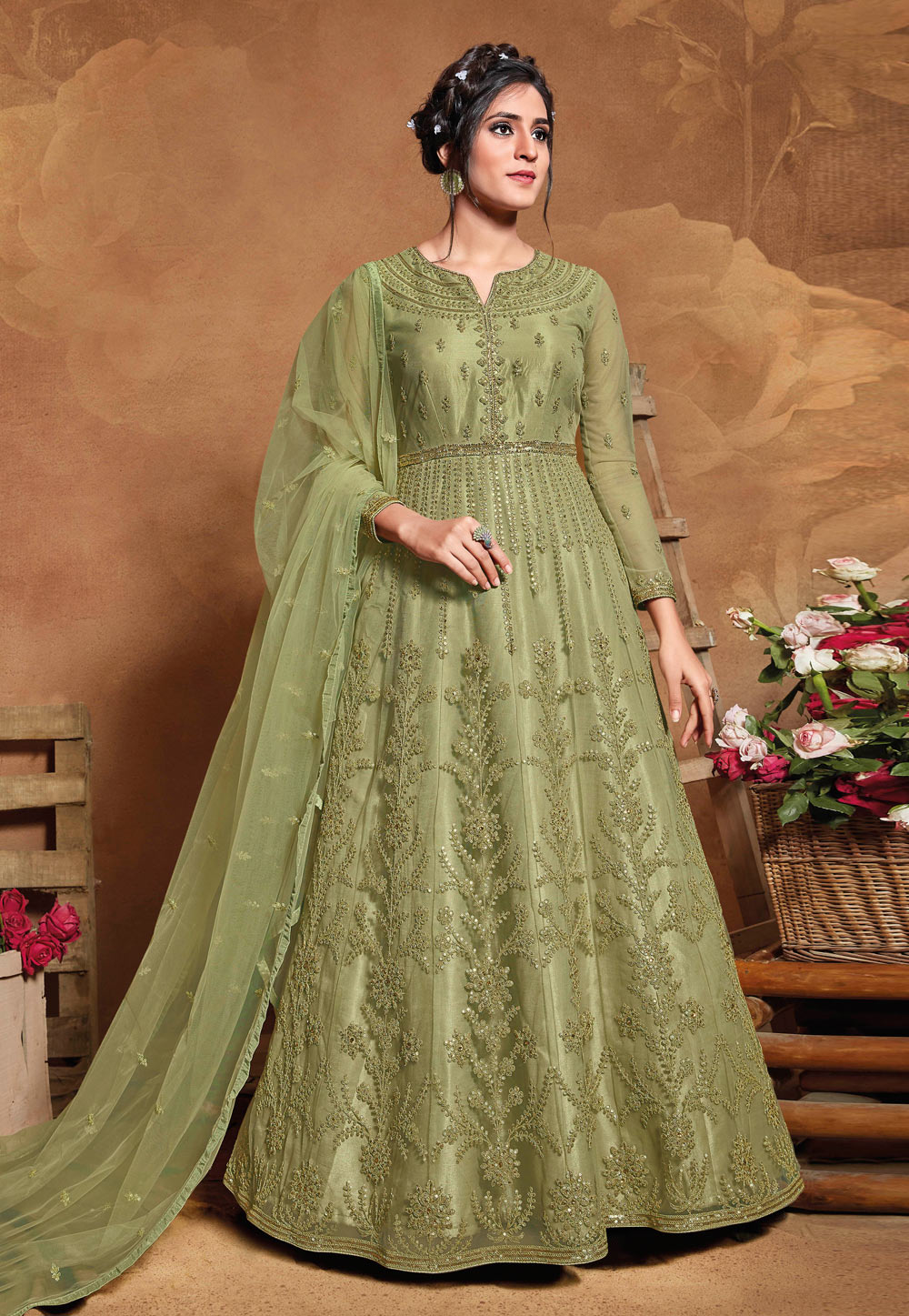 Light Green Net Embroidered Long Anarkali Suit 221712