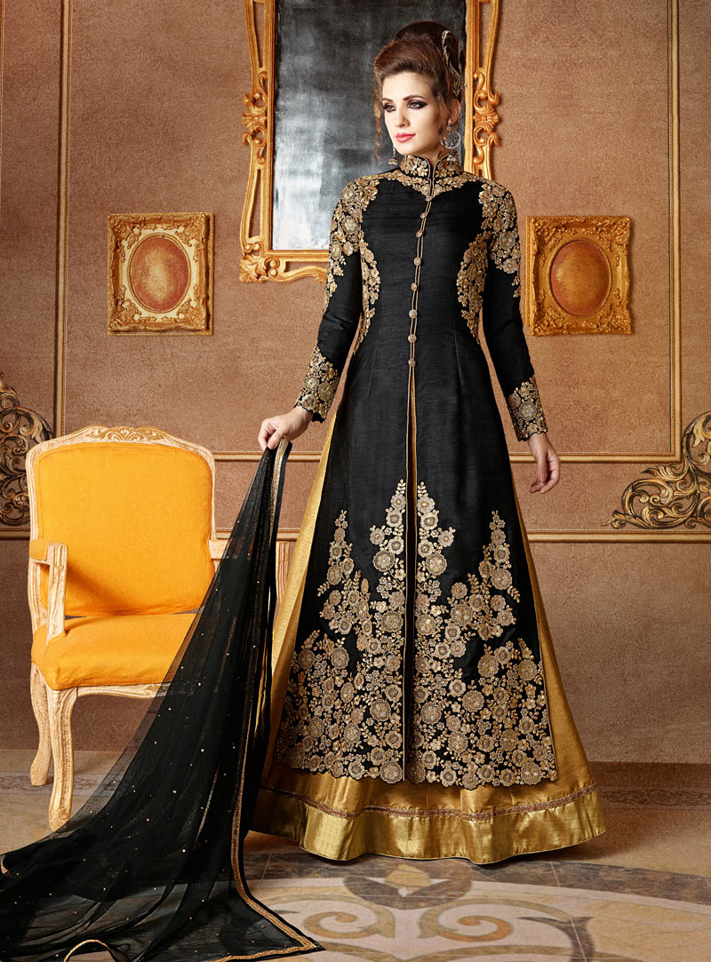 Black Banarasi Silk Long Choli Lehenga 93821