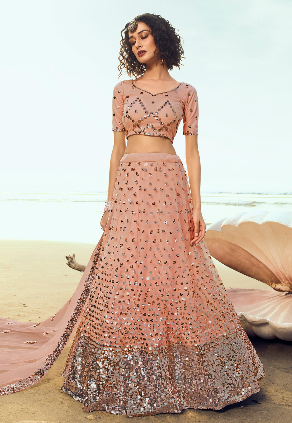 Light Green and Peach Floral Sequin Lehenga | Shop Now at ViBha