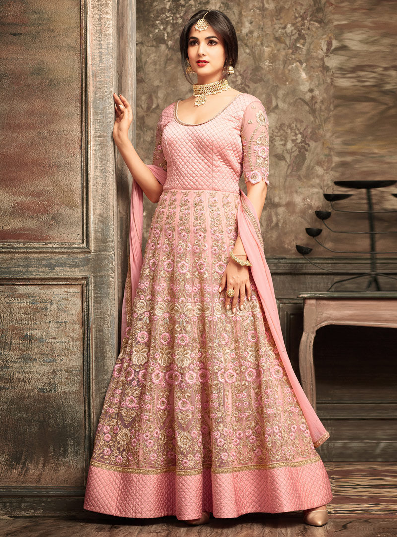 Sonal Chauhan Pink Net Ankle Length Anarkali Suit 107993