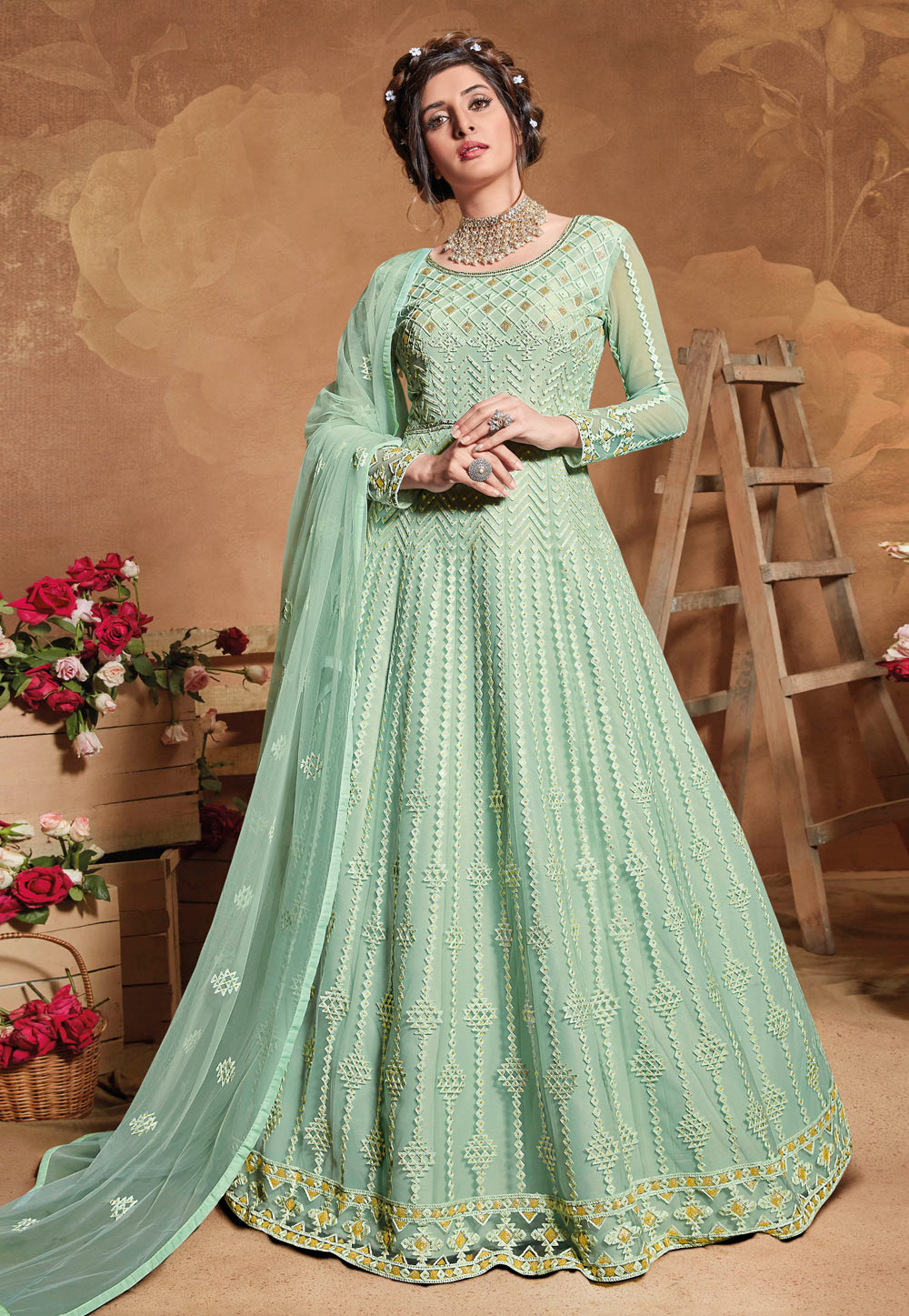 Light Green Net Embroidered Abaya Style Anarkali Suit 221714