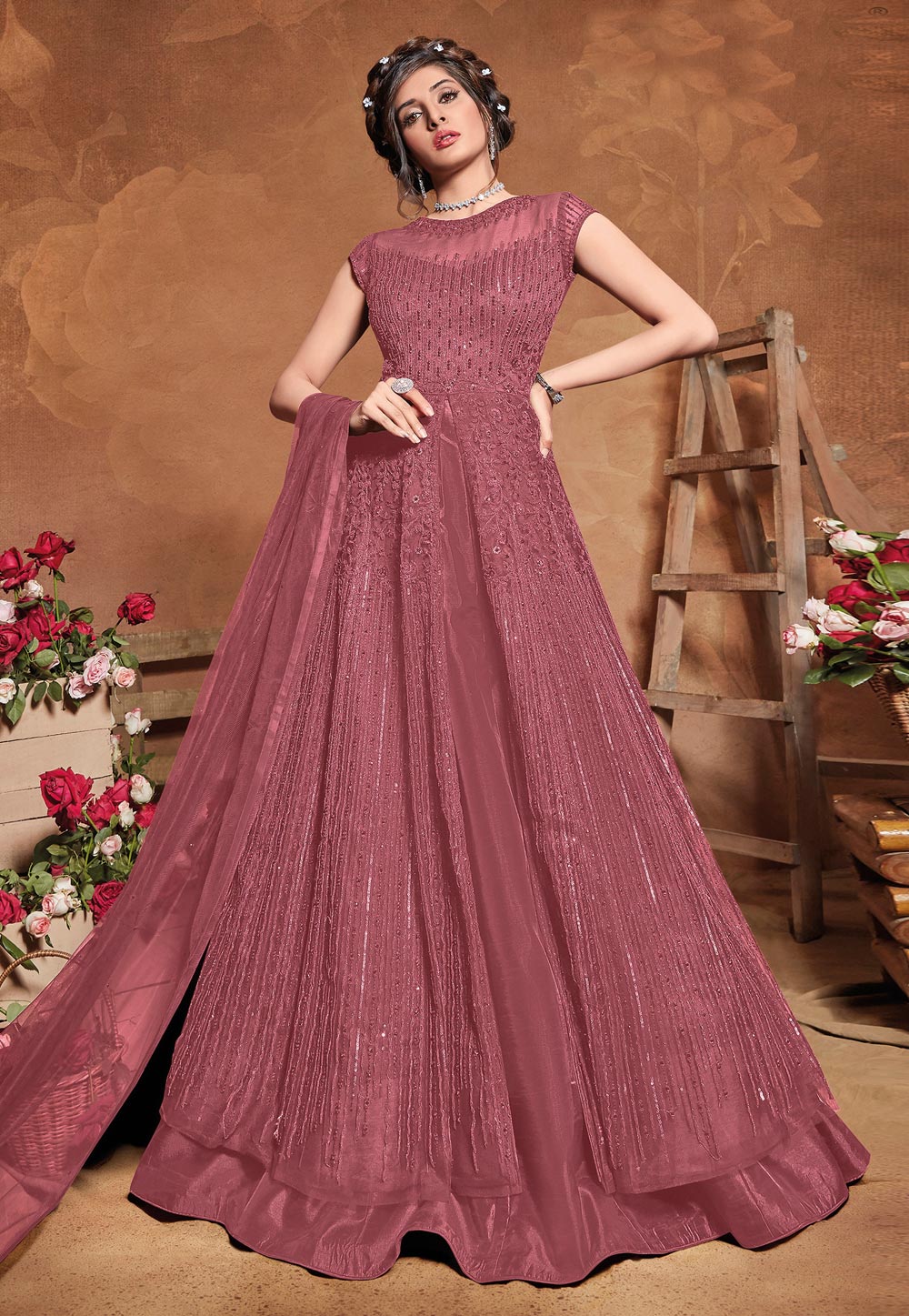 Pink Net Embroidered Long Anarkali Suit 226144
