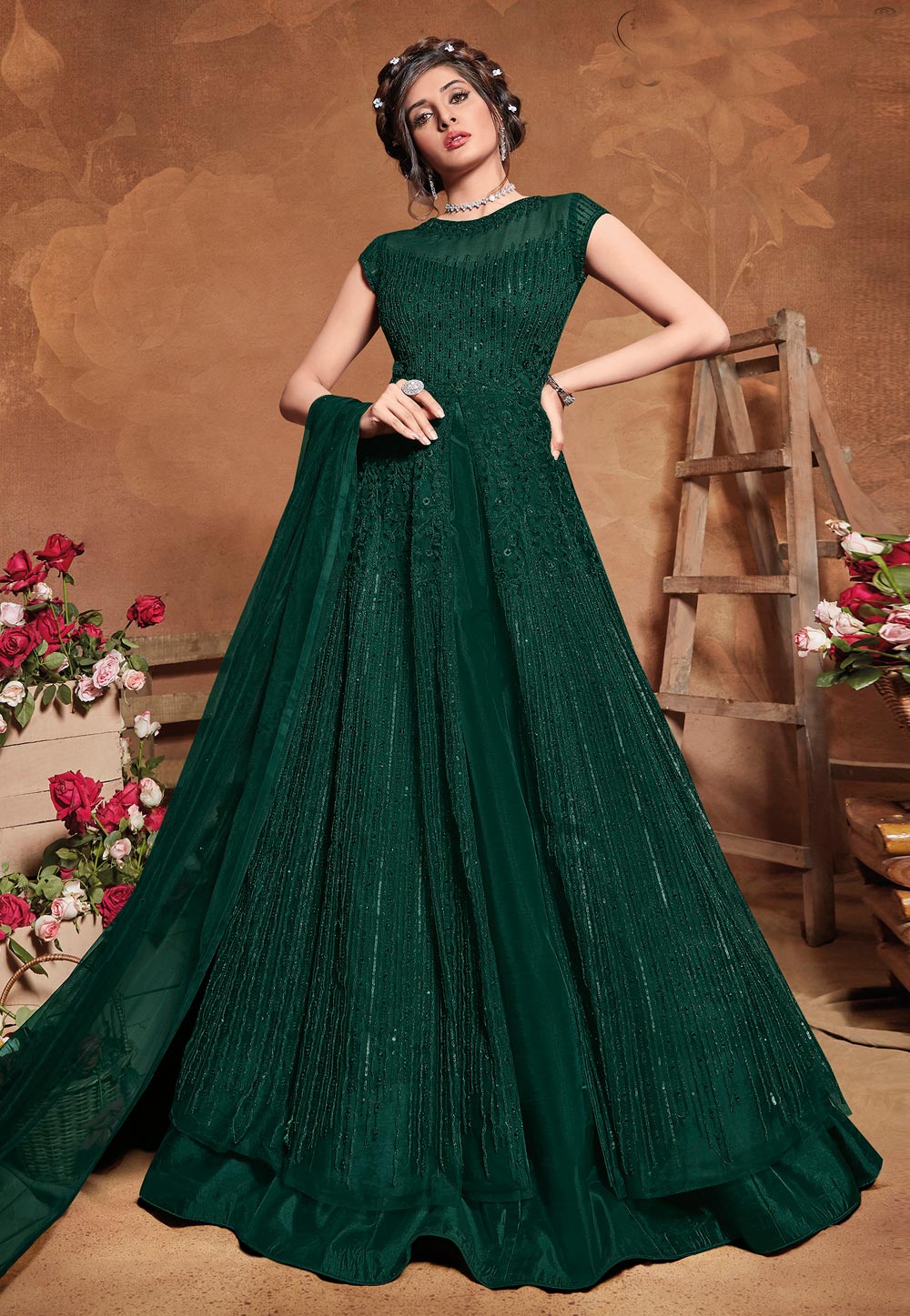 Green Net Embroidered Floor Length Anarkali Suit 226145