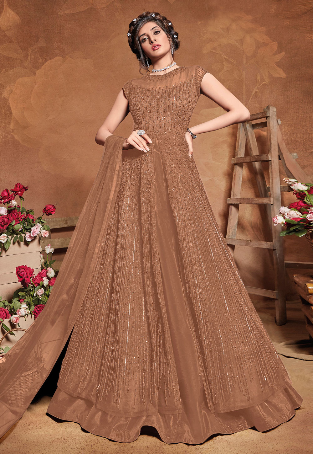 Brown Net Embroidered Floor Length Anarkali Suit 226146