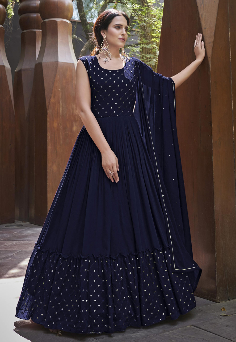 Navy Blue Georgette Gown With Jacket 255748