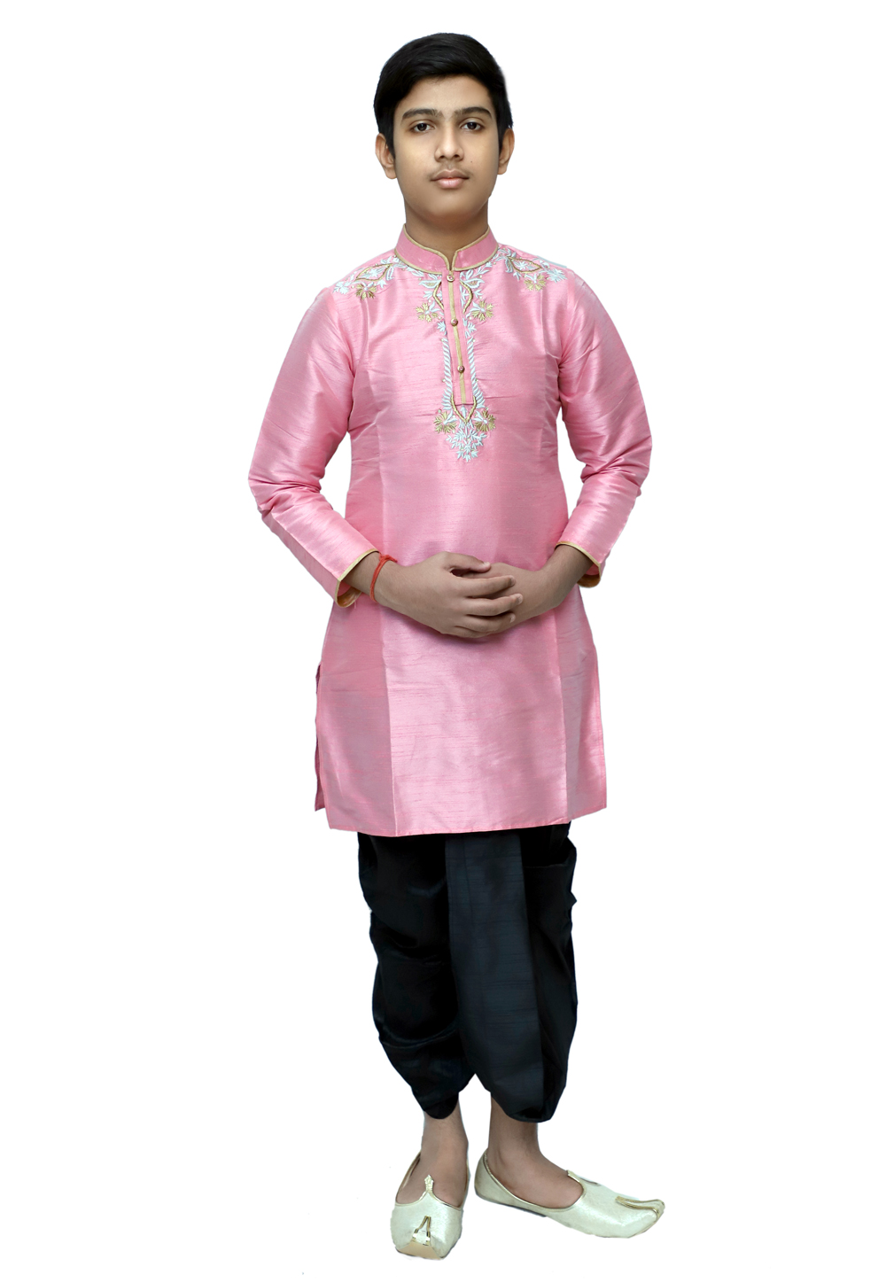 Pink Dupion Silk Readymade Kids Dhoti Kurta 211354