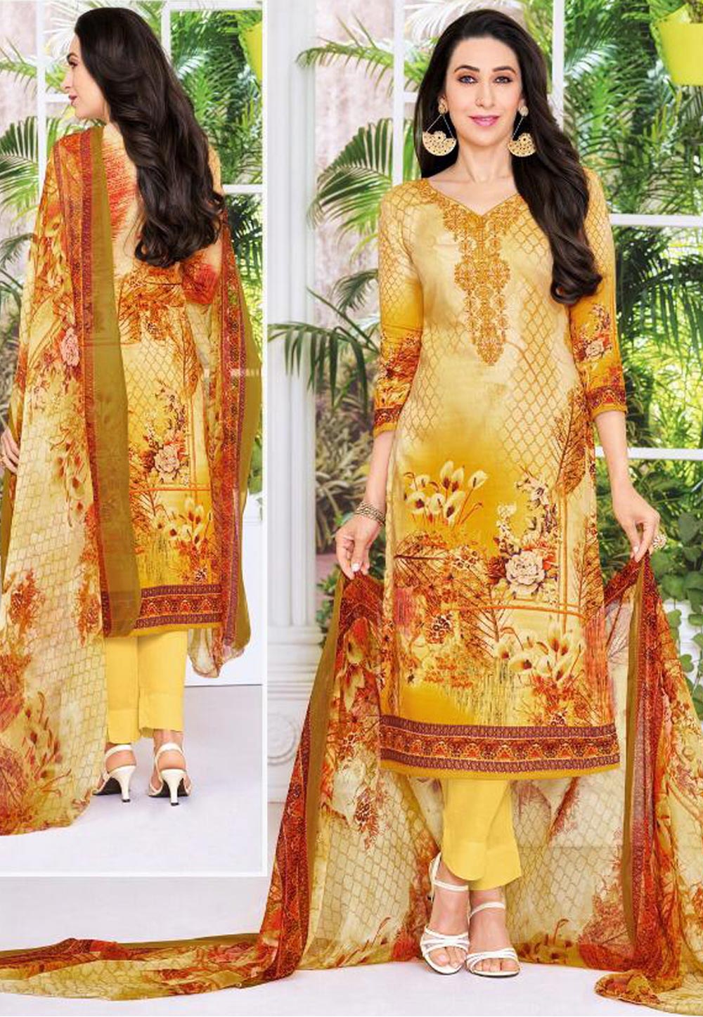Karishma Kapoor Yellow Satin Printed Pant Style Suit 154749