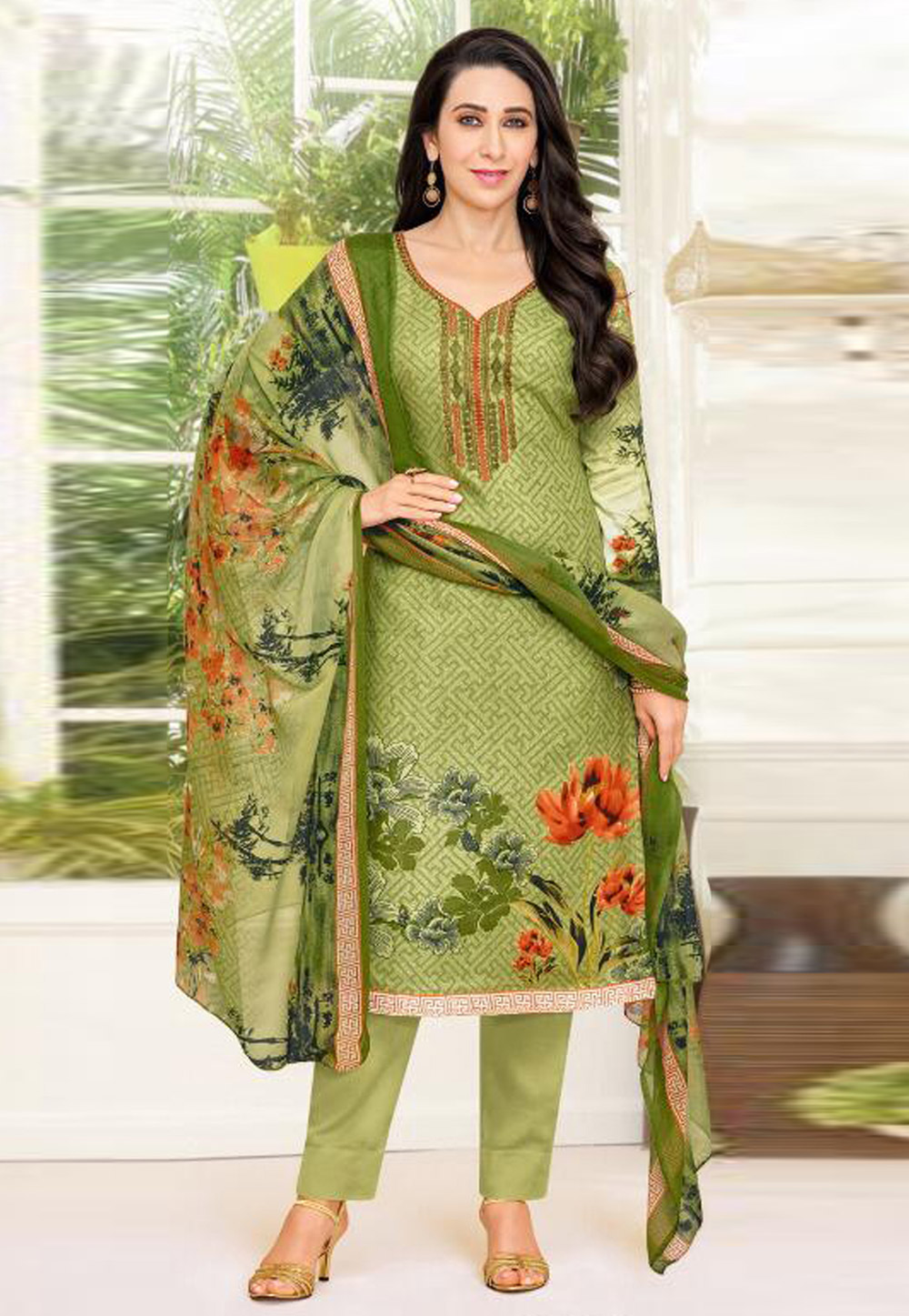 Karishma Kapoor Green Satin Printed Bollywood Suit 154752