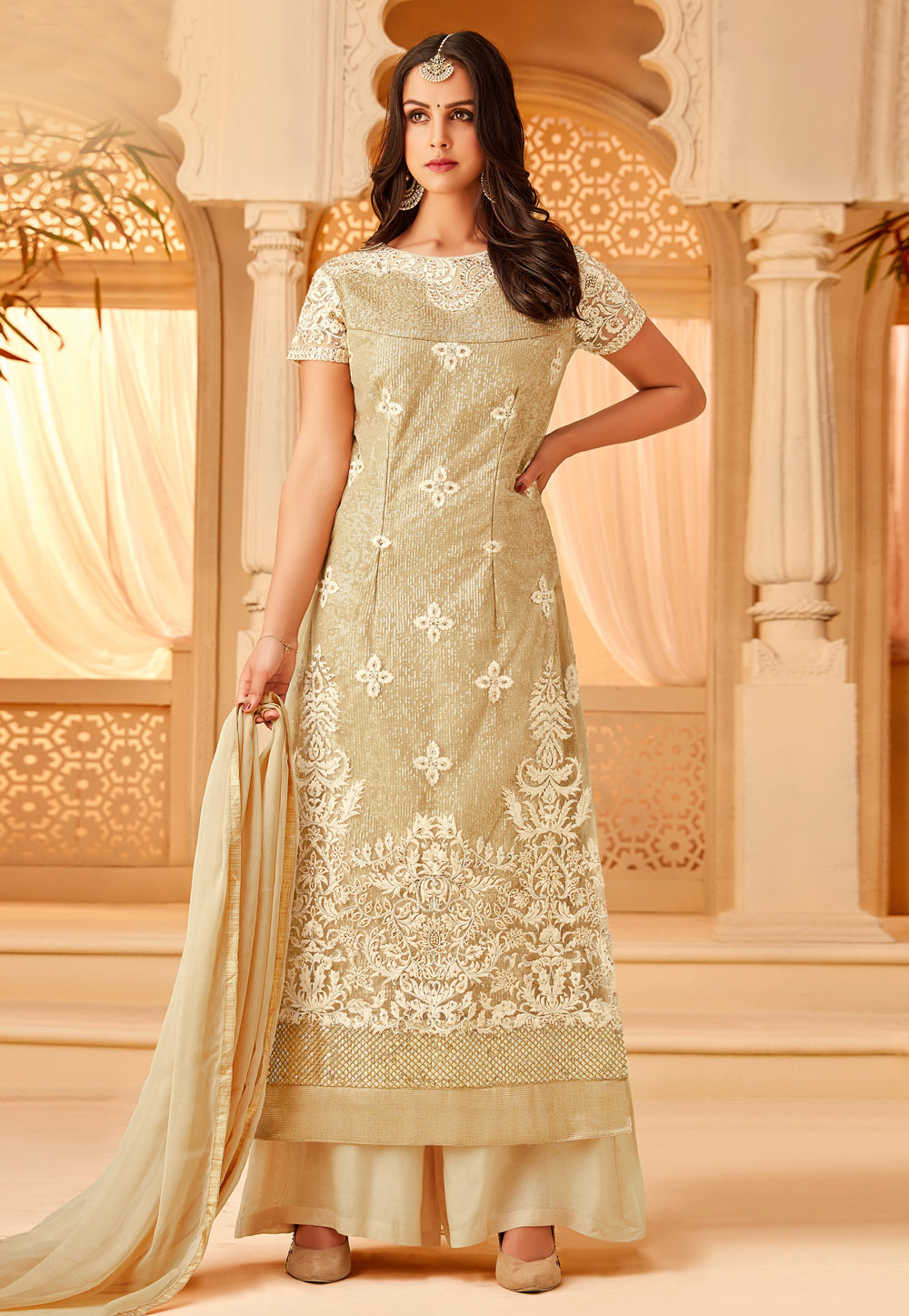 Beige Net Embroidered Palazzo Suit 167053