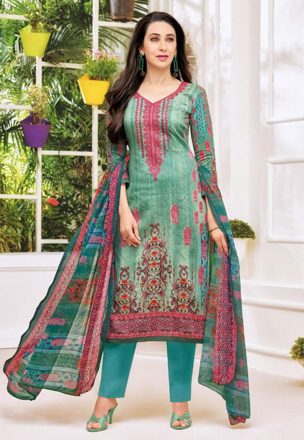 Karishma Kapoor Sea Green Satin Printed Bollywood Suit 154756