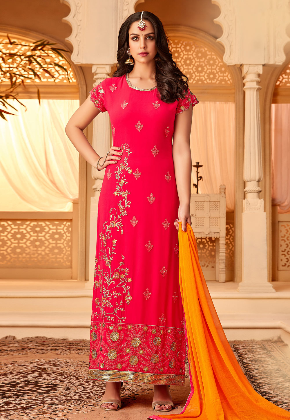 Magenta Georgette Embroidered Straight Cut Suit 167054