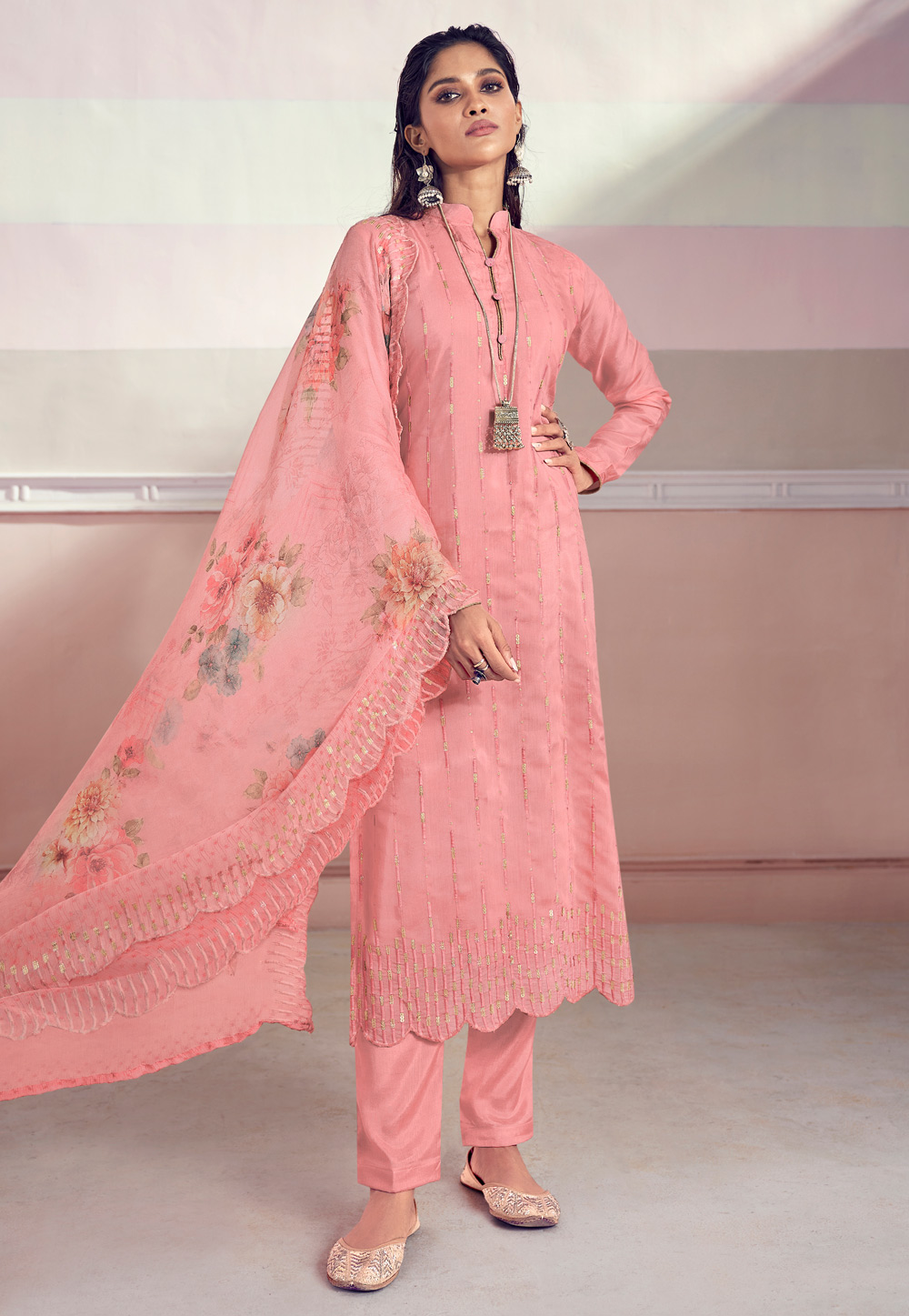 Pink Muslin Pant Style Suit 245033
