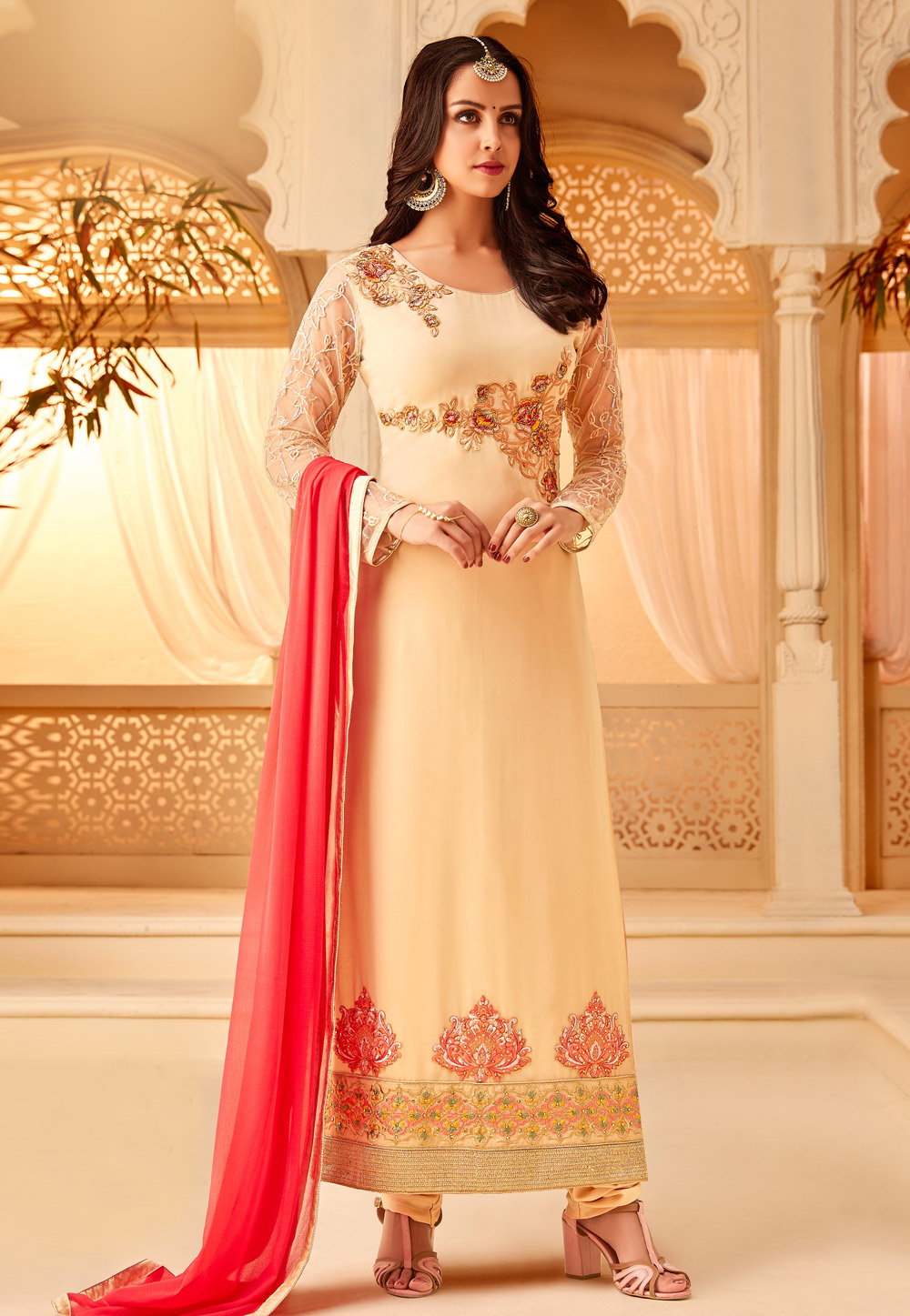 Beige Georgette Embroidered Straight Cut Suit 167055