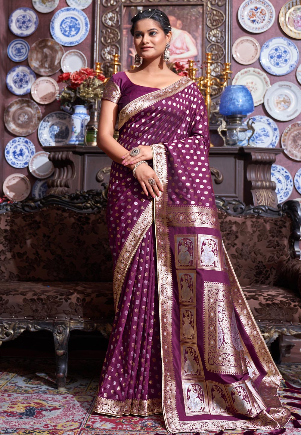 Purple Banarasi Silk Saree With Blouse 249846