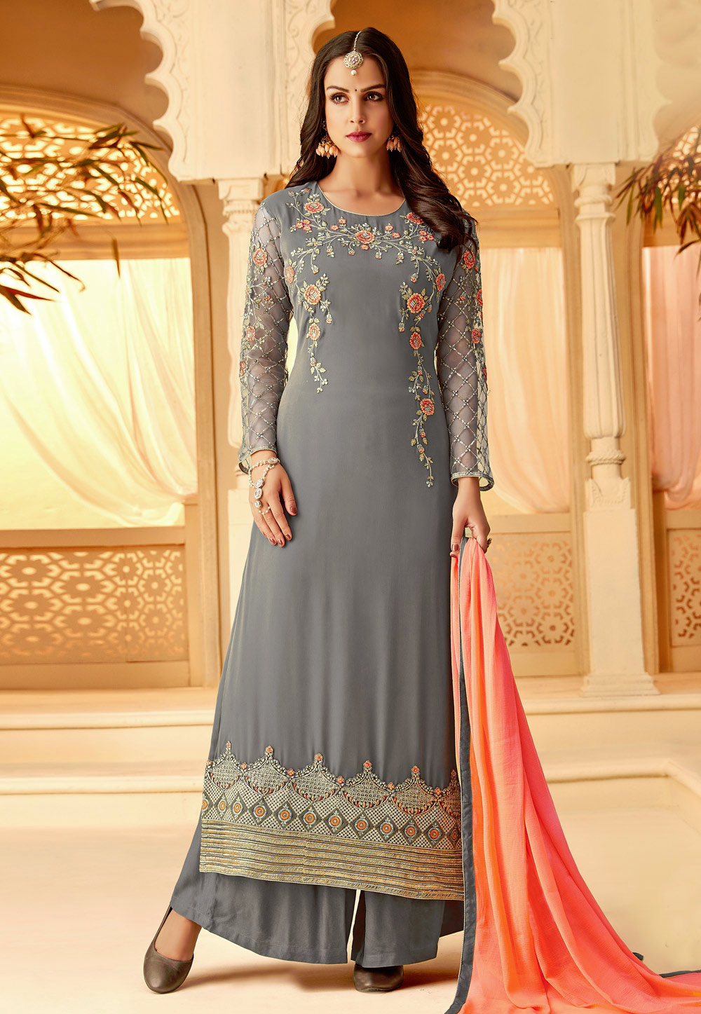 Grey Georgette Embroidered Palazzo Suit 167056