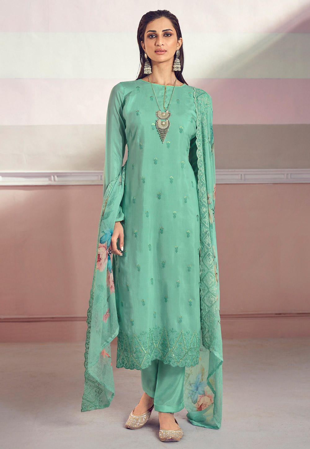 Sea Green Muslin Pant Style Suit 245035