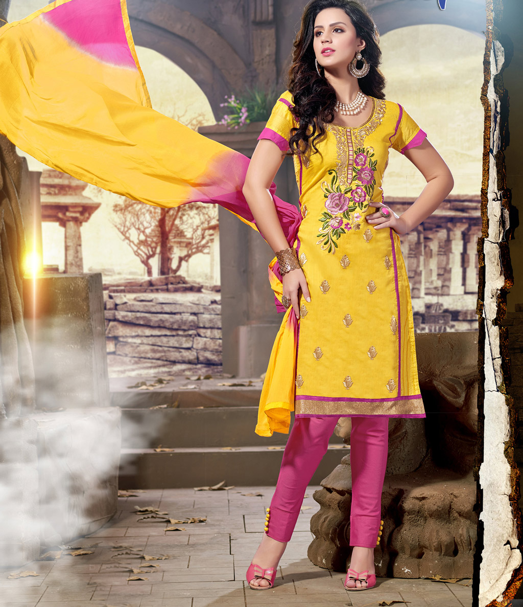 Yellow Chanderi Silk Churidar Suit 58259