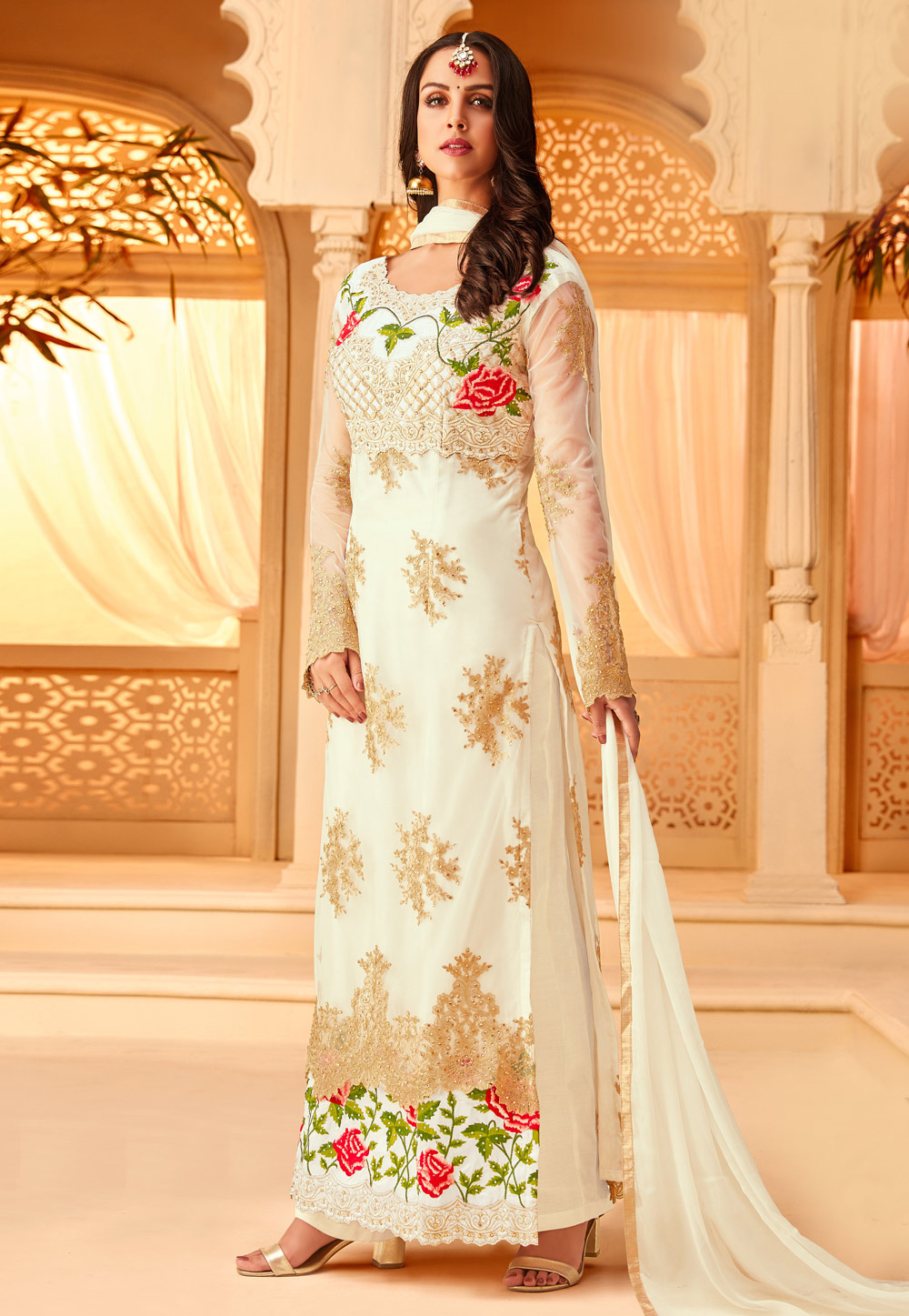 Off White Net Embroidered Straight Cut Suit 167057