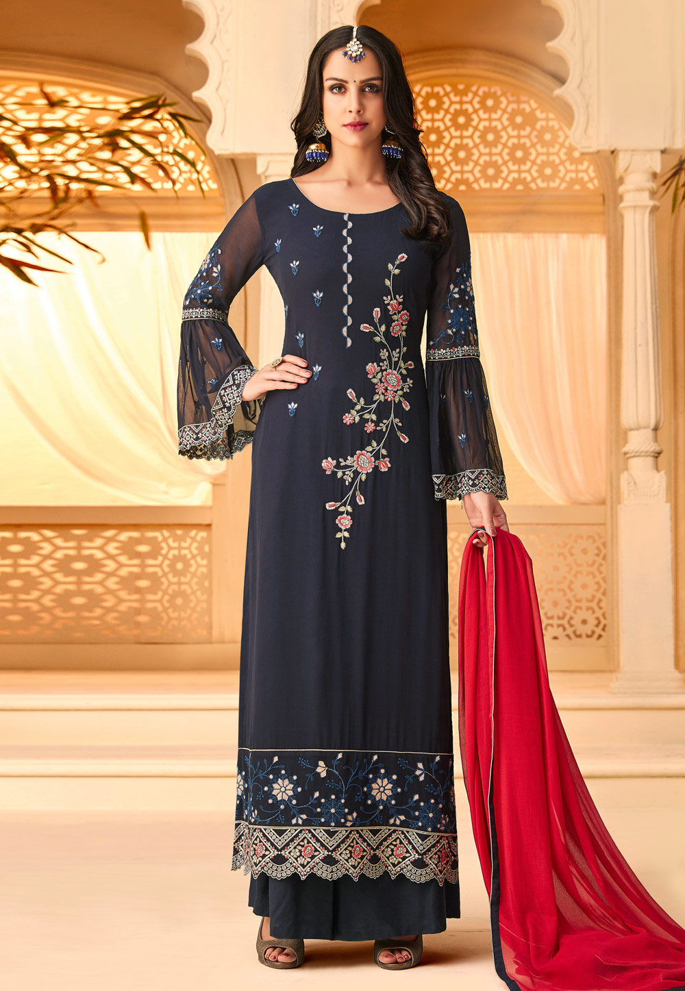 Navy Blue Georgette Embroidered Straight Cut Suit 167058