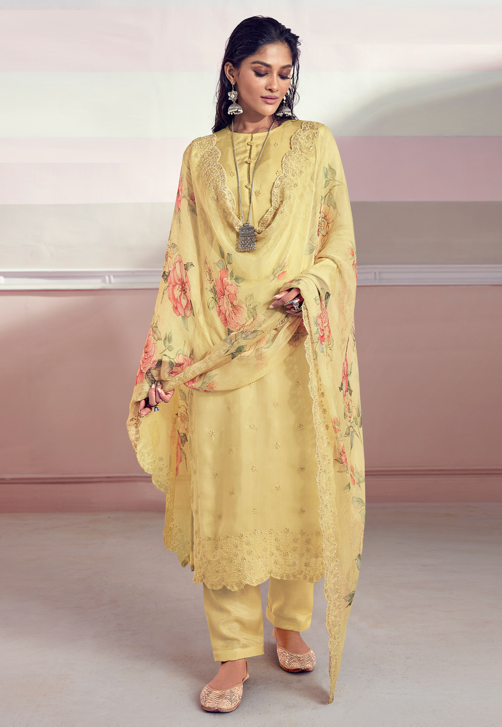 Yellow Muslin Pant Style Suit 245037