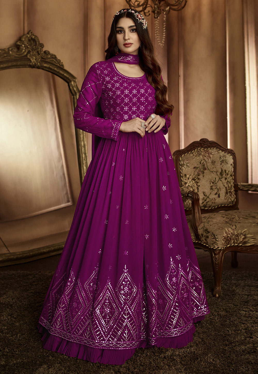 Purple Faux Georgette Abaya Style Anarkali Suit 258268