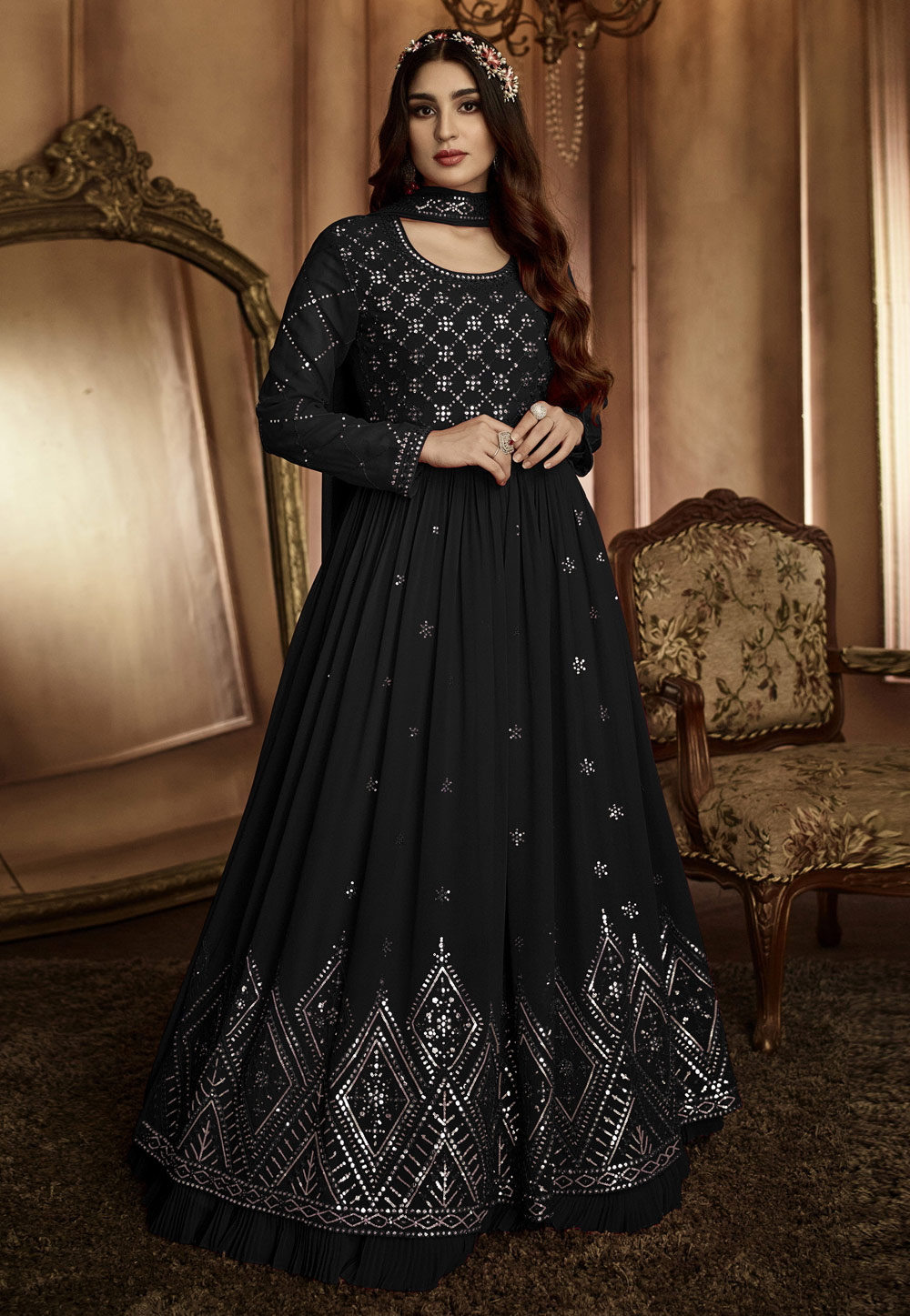 Black Faux Georgette Abaya Style Anarkali Suit 258270