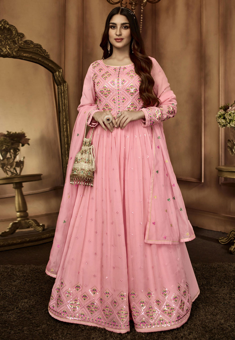 Pink Georgette Abaya Style Anarkali Suit 250073