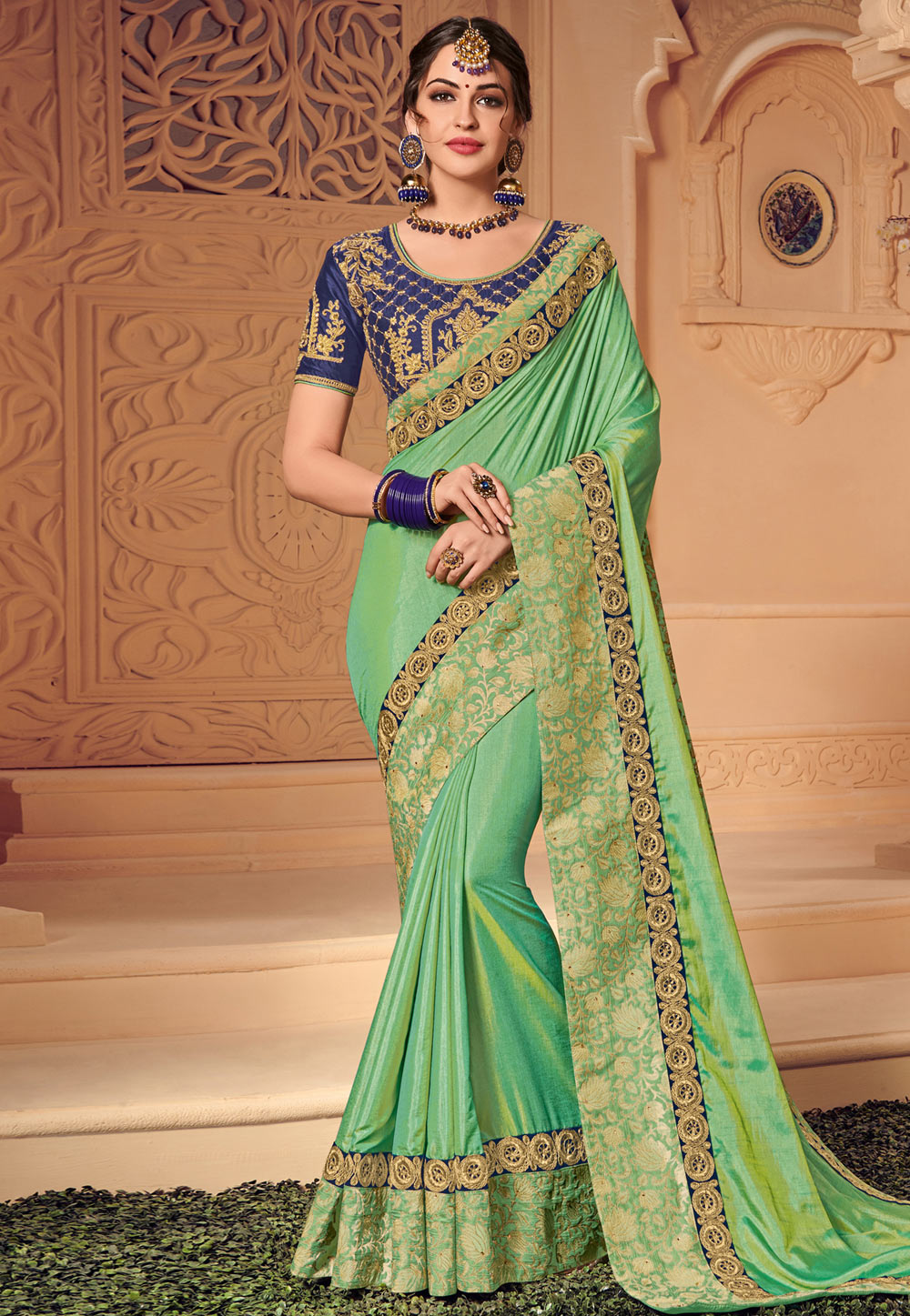 Sea Green Silk Festival Wear Saree 155493