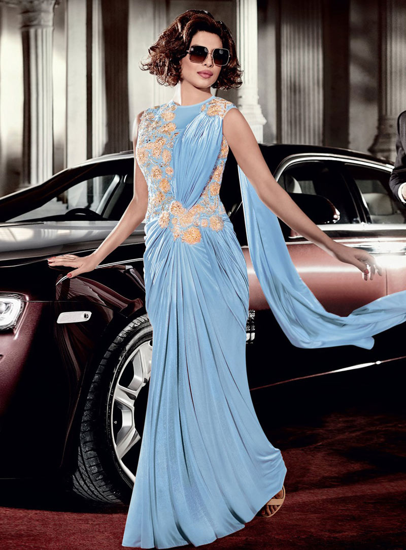 Priyanka Chopra Sky Blue Lycra Designer Gown 78391