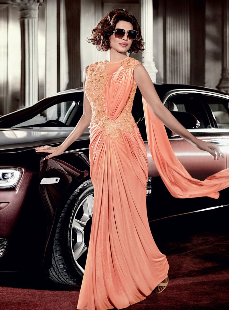 Priyanka Chopra Peach Lycra Designer Gown 78392