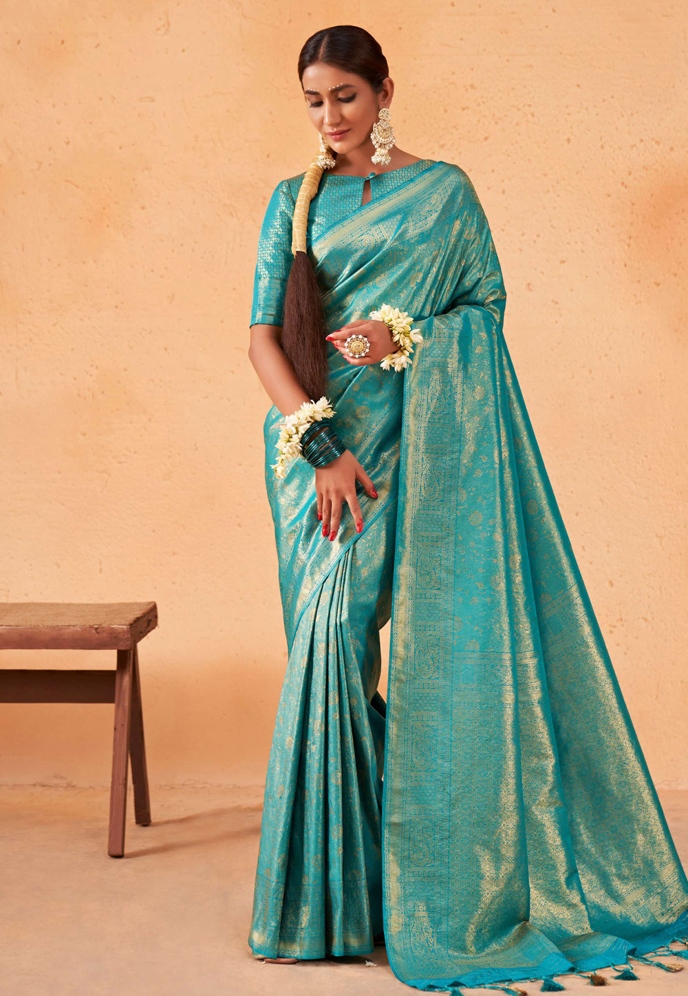 Turquoise Kanjivaram Silk Saree With Blouse 258321