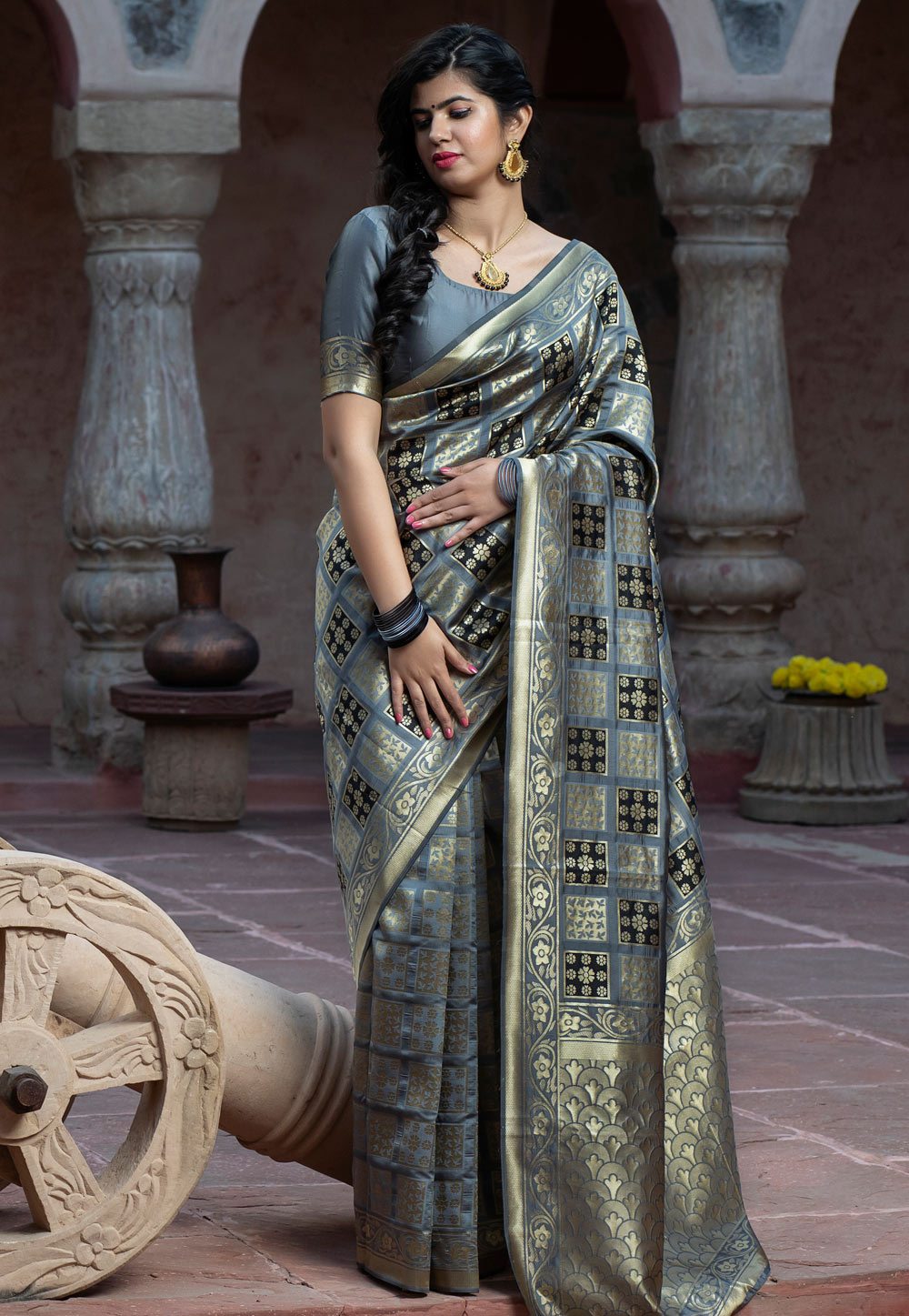 Grey Banarasi Silk Festival Wear Saree 213528
