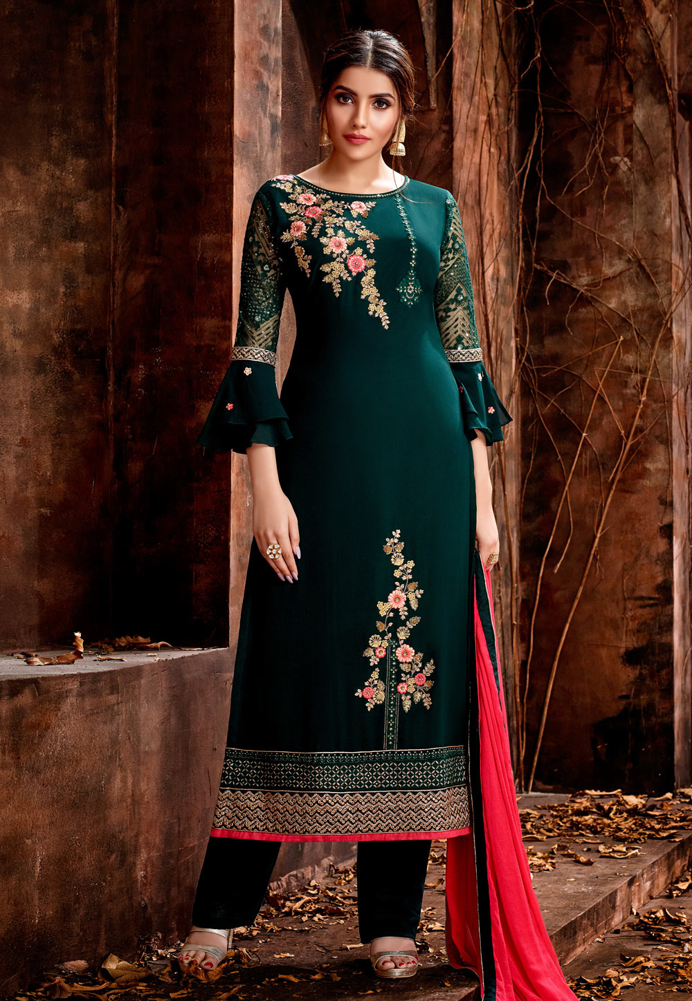 Teal Georgette Embroidered Straight Cut Suit With Frill Sleeve 177790