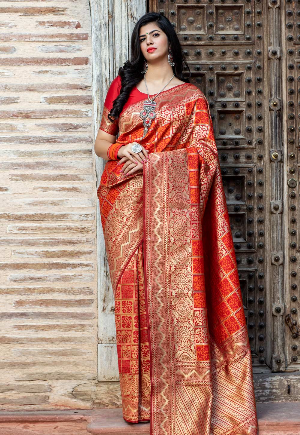 Orange Banarasi Silk Saree With Blouse 213529