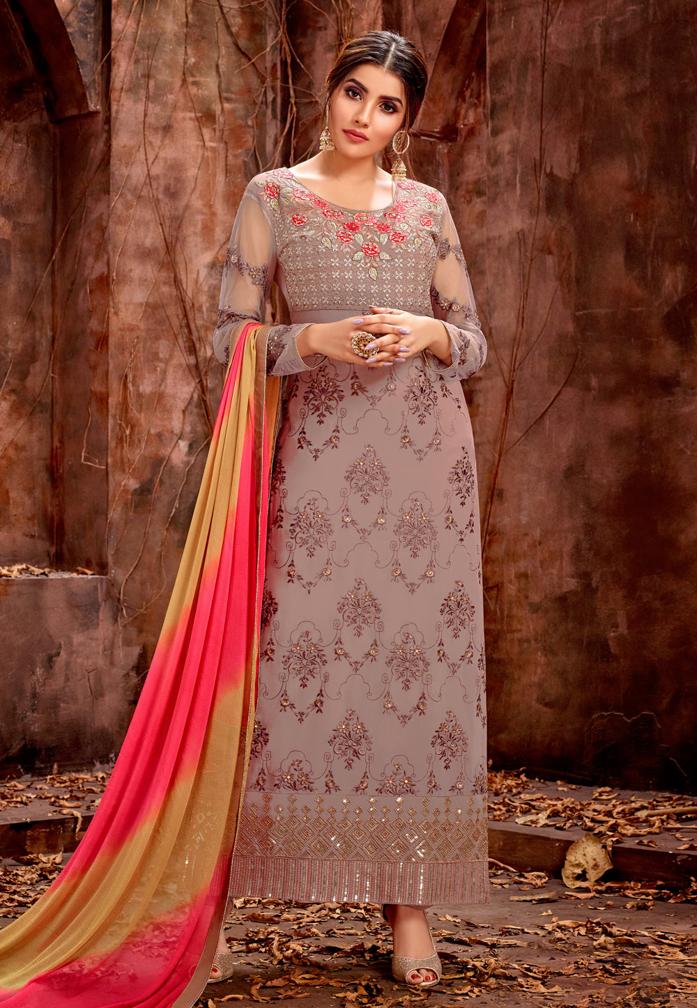 Light Brown Georgette Embroidered Straight Cut Suit 181376
