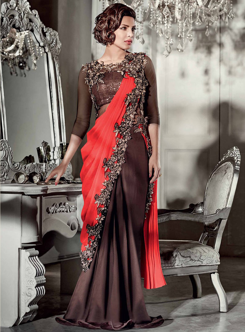 Priyanka Chopra Brown Satin Georgette Saree Style Gown 69462