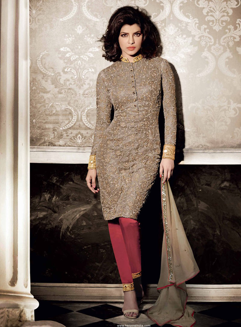 Priyanka Chopra Beige Net Straight Cut Style Suit 69463