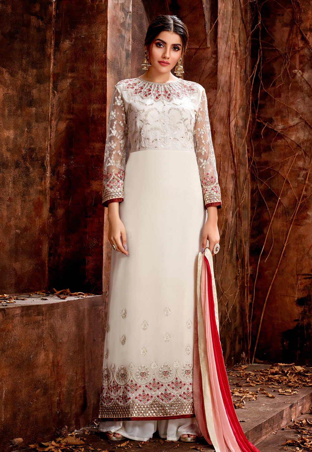 Off White Georgette Embroidered Kameez With Palazzo 177793