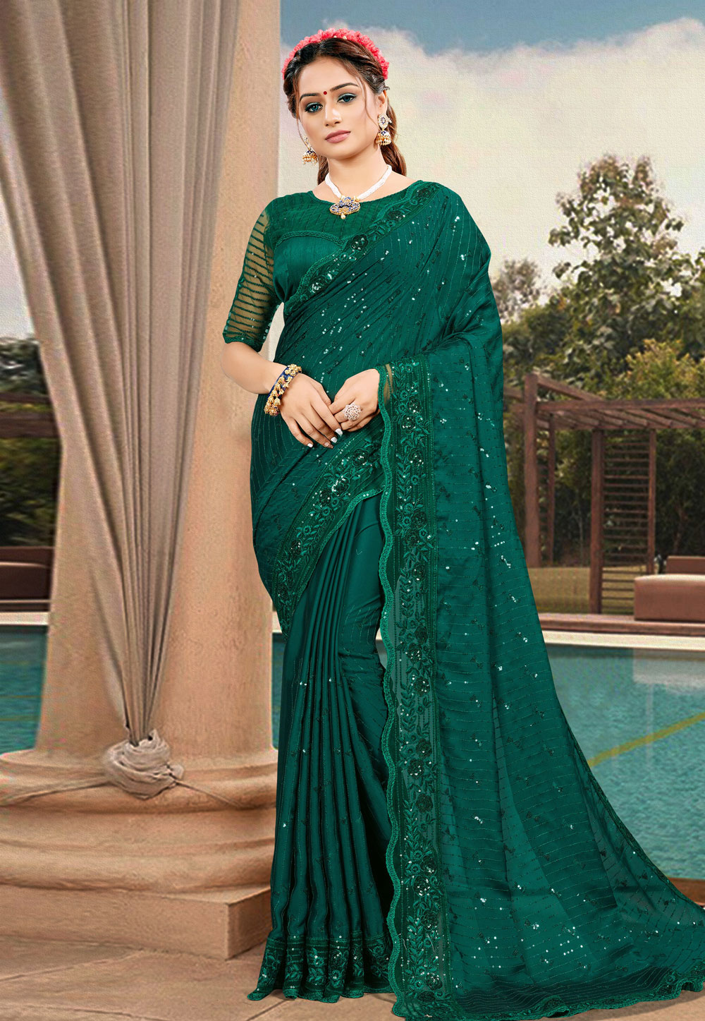 Green Satin Georgette Saree With Blouse 228436