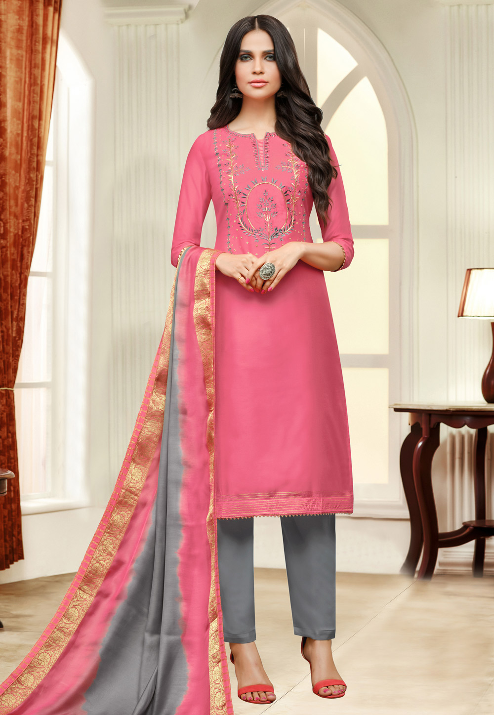Pink Silk Pakistani Style Suit 155336