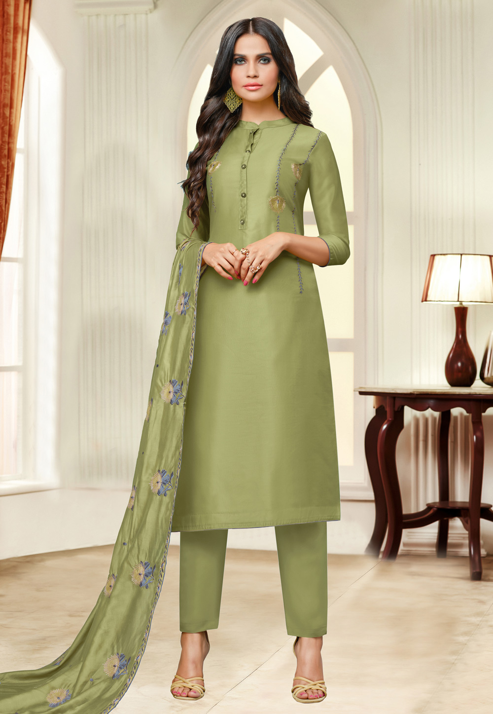 Green Silk Pant Style Suit 155337