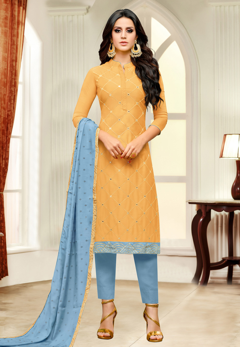 Yellow Silk Pakistani Style Suit 155341