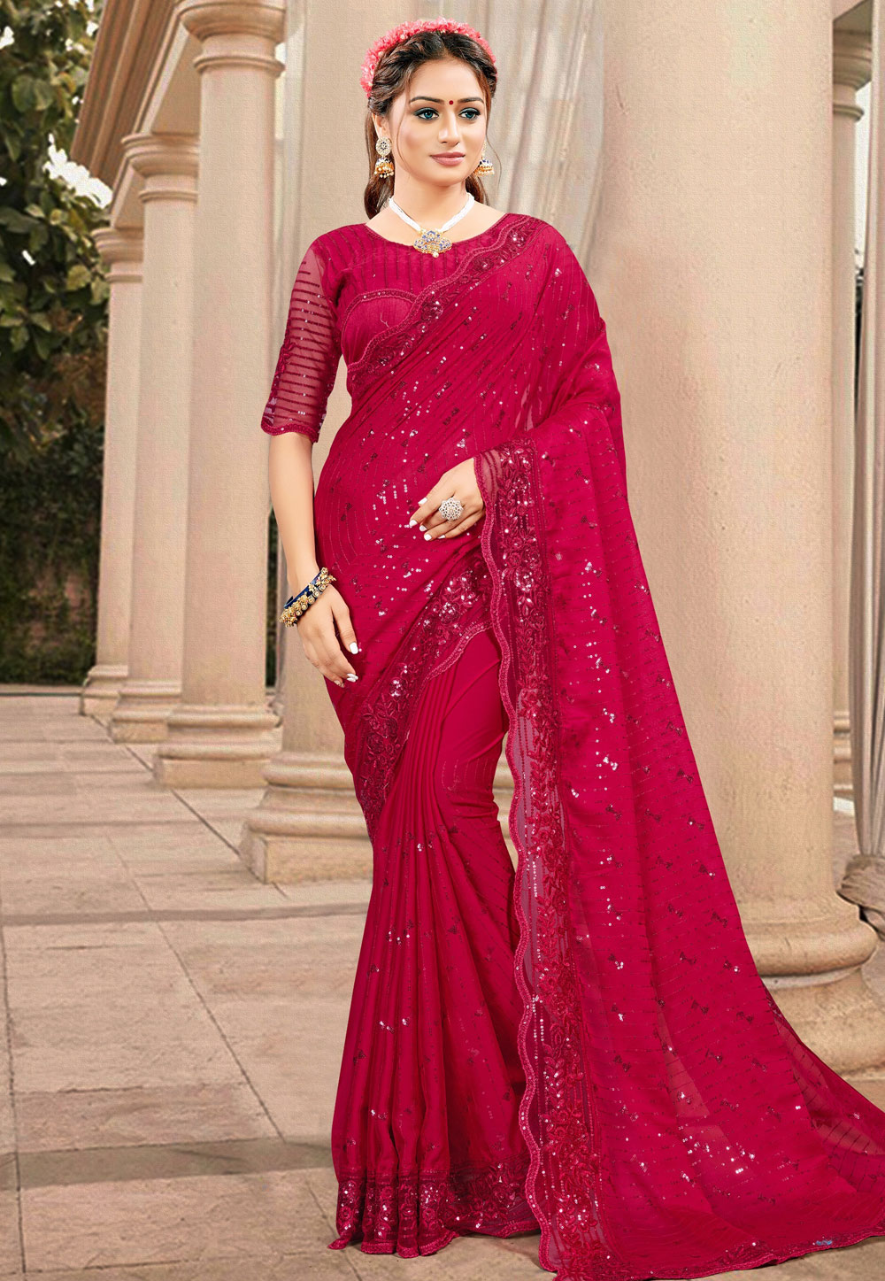 Magenta Satin Georgette Saree With Blouse 228438