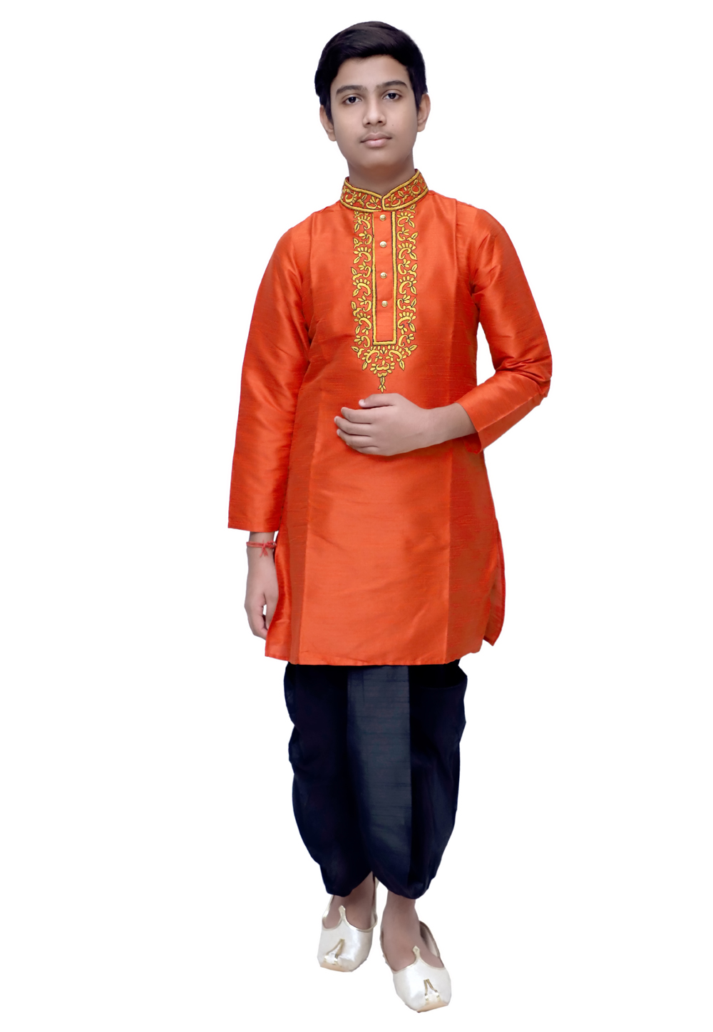 Orange Dupion Silk Readymade Kids Dhoti Kurta 211356