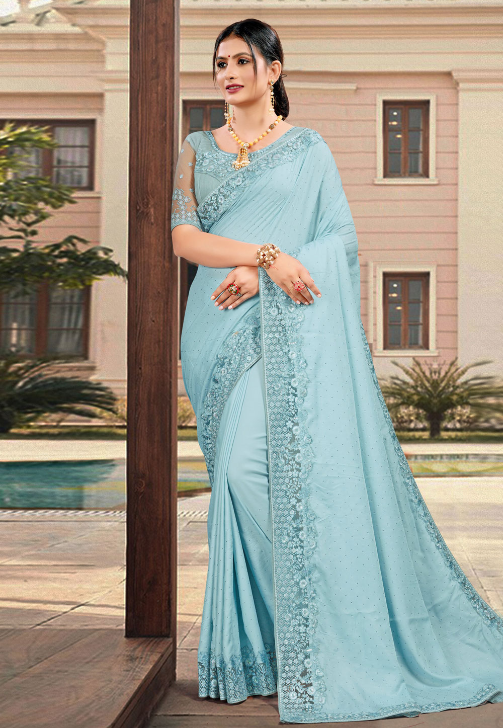Sky Blue Satin Silk Saree With Blouse 228442