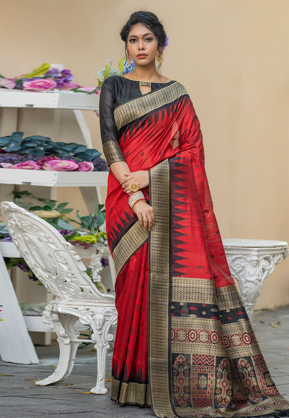 Red Tussar Silk Saree With Blouse 230775